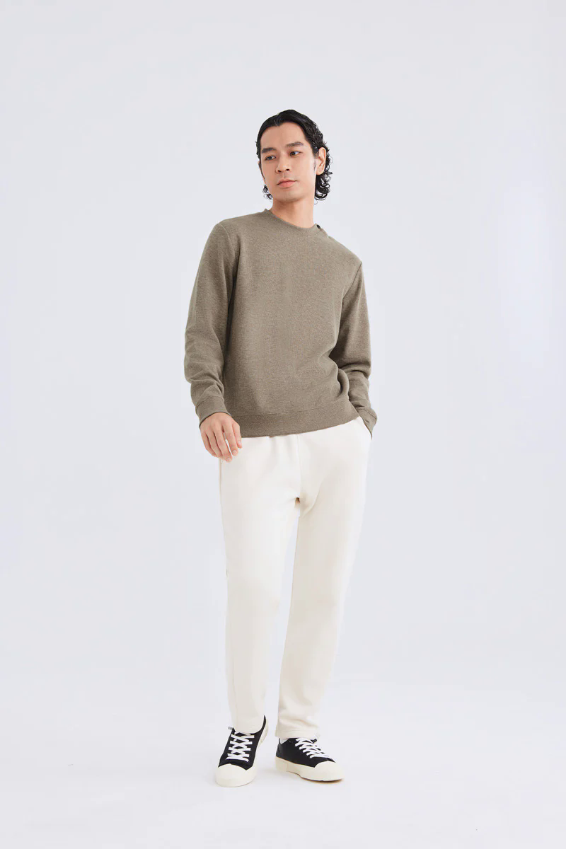 Merino-Blend French Rib Crew Neck Sweater | Khaki E7W025